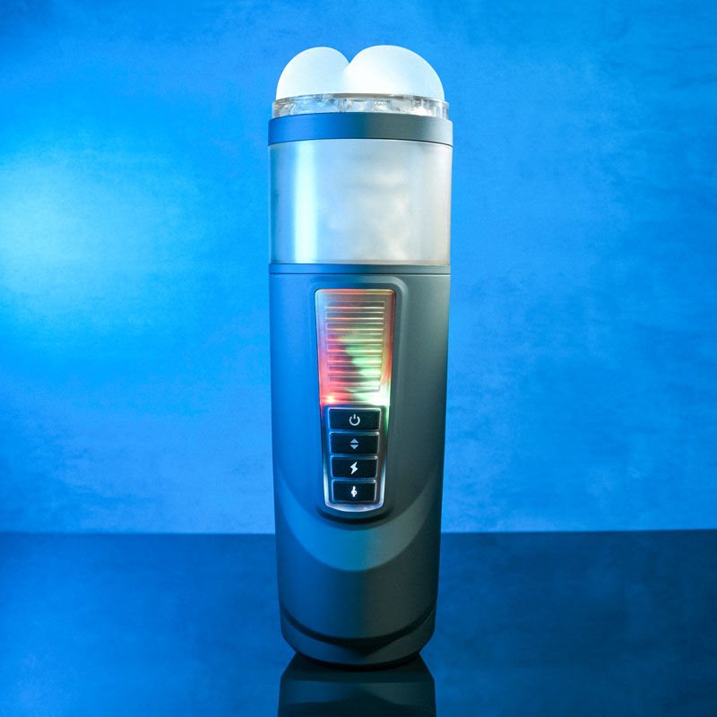 Front view of the Gender X Message in a Bottle Stroker Male Masturbator displayed on a blue decorative background, showing the overall design and detailing. | Flirty Bay adult store Perth